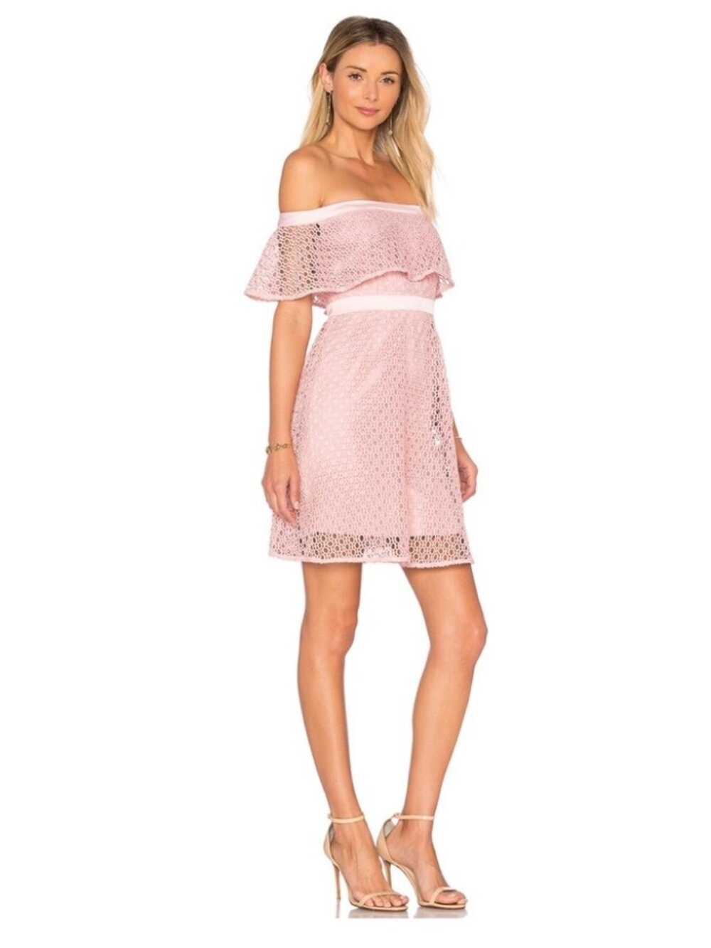 Bardot Eyelet Lace Pink Mini Dress Off Shoulder, Size 8